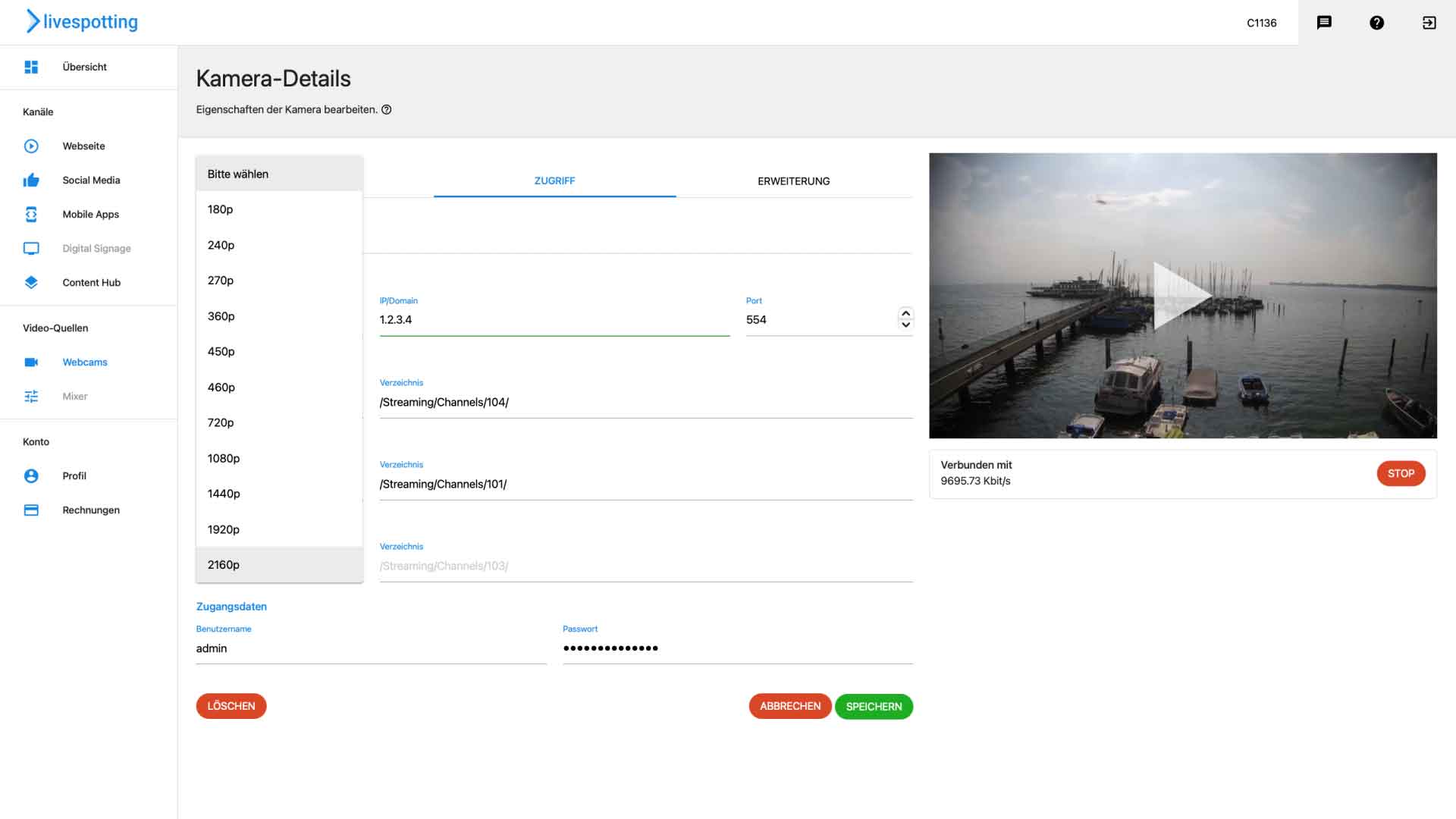 Die Auflösung des Livestreamings mit adaptiver Bitrate für die Webcam kann in der Benutzeroberfläche von livespotting, dem Control Center, mit wenigen Klicks gewählt werden. 