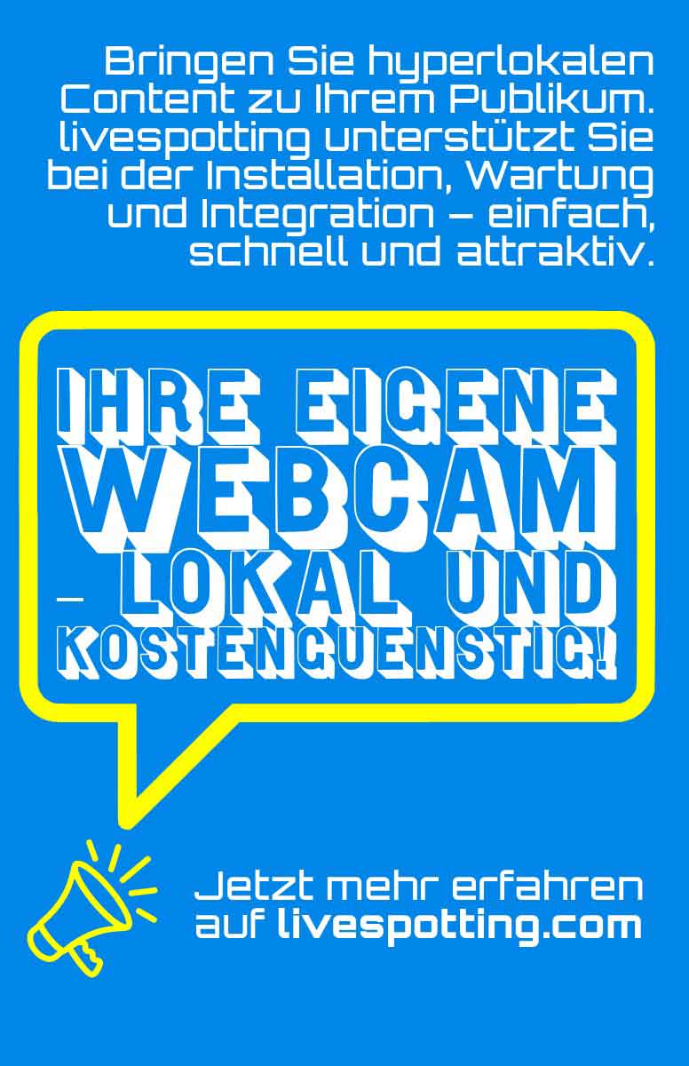 Blaues Banner mit dem Text 'Ihre eigene Webcam – lokal und kostengünstig!', ergänzt durch eine Beschreibung über die Unterstützung bei Installation, Wartung und Integration für hyperlokalen Content.