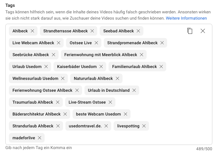 YouTube-Tags für ein Video mit Begriffen zu Ahlbeck, Ostsee, Live-Webcam, Ferienwohnungen, Urlaub Usedom und Kaiserbäder.