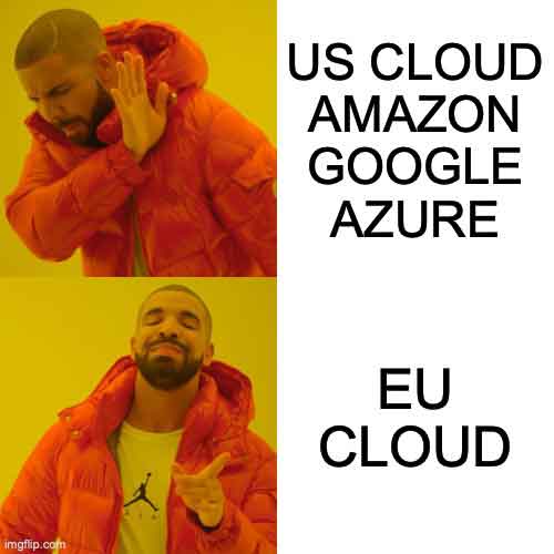 Drake Meme: In der oberen Szene lehnt Drake US-Cloud-Anbieter wie Amazon, Google und Azure ab. In der unteren Szene zeigt er Zustimmung zur EU Cloud – als Anspielung auf DSGVO-konforme Webcams.