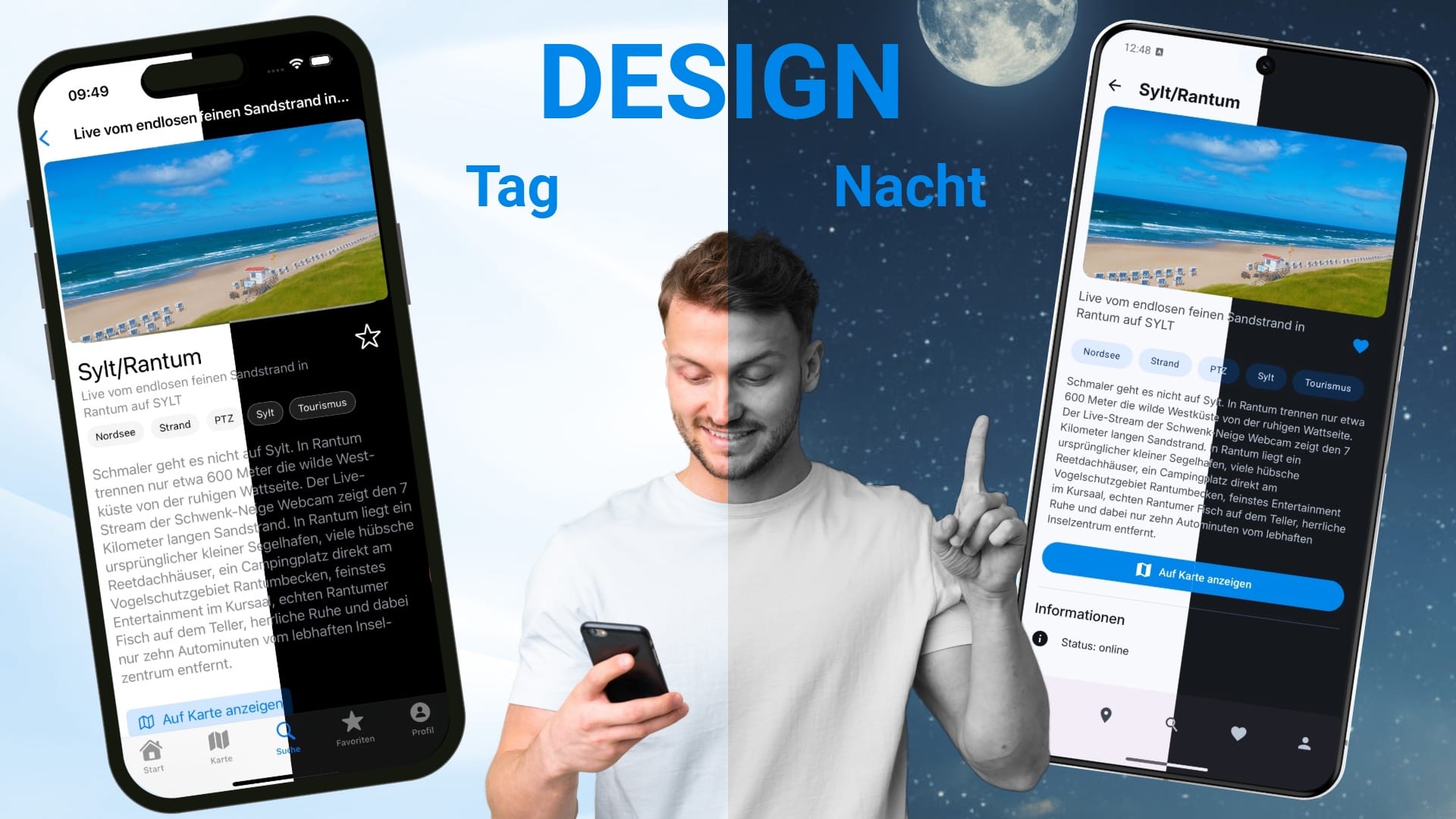Screenshot der livespotting App auf Android und iOS mit Tag- und Nacht-Design. Darstellung im Light Mode und Dark Mode mit Livestream vom Strand in Sylt/Rantum, kombiniert mit Nutzerin, die ihr Smartphone verwendet.