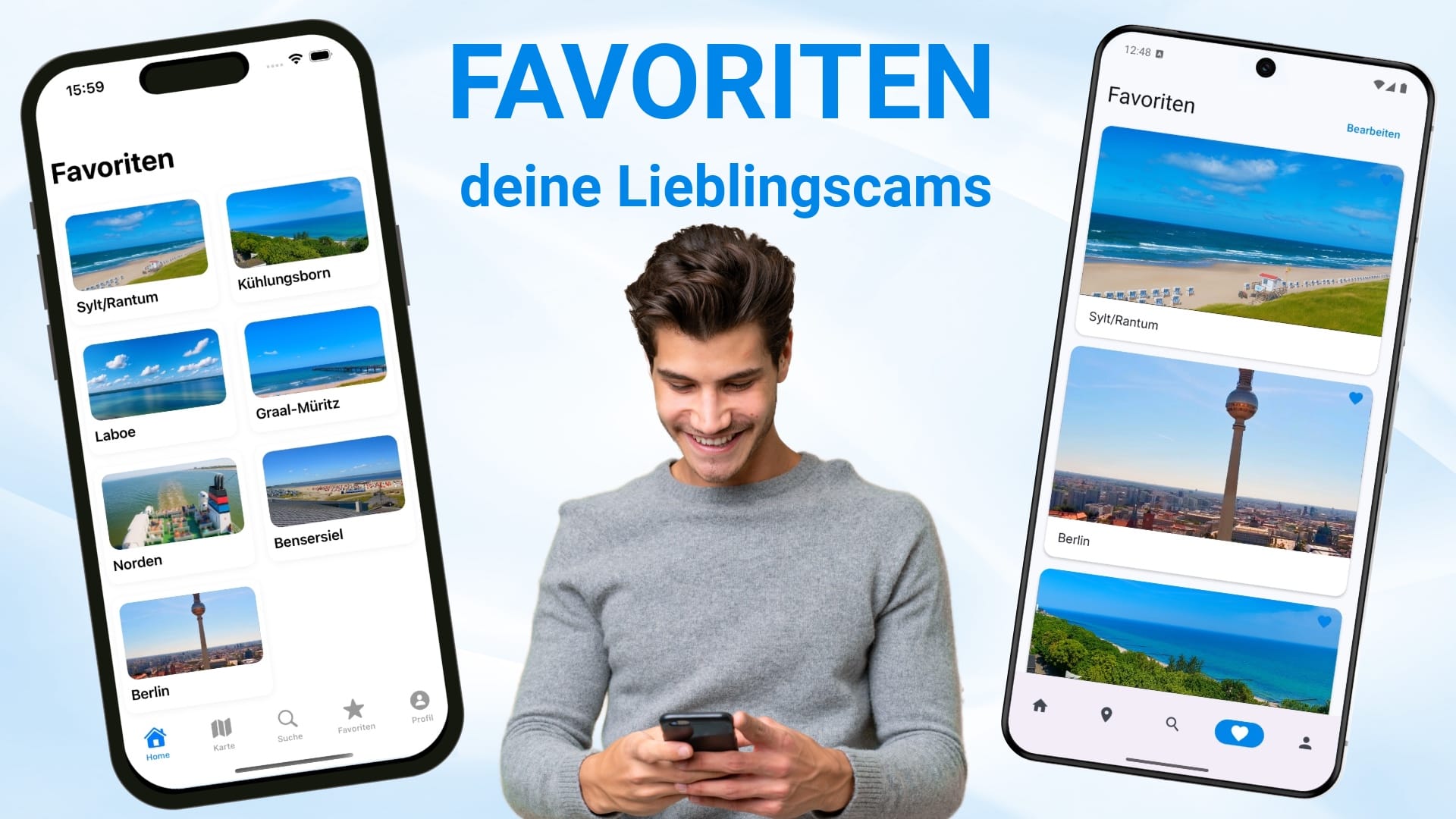 Screenshot der Favoriten-Ansicht in der livespotting App auf Android und iOS mit gespeicherten Livestreams, darunter Sylt Strand, Berlin Fernsehturm und weitere Webcams.