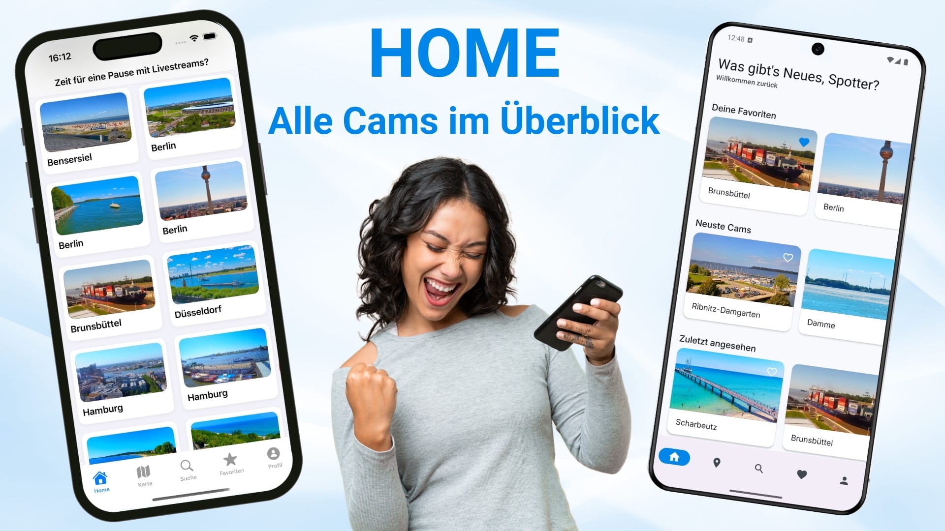 Screenshot der Startseite der livespotting App auf Android und iOS mit Favoriten, neuen Livestream-Cams und zuletzt angesehenen Webcams im Überblick.