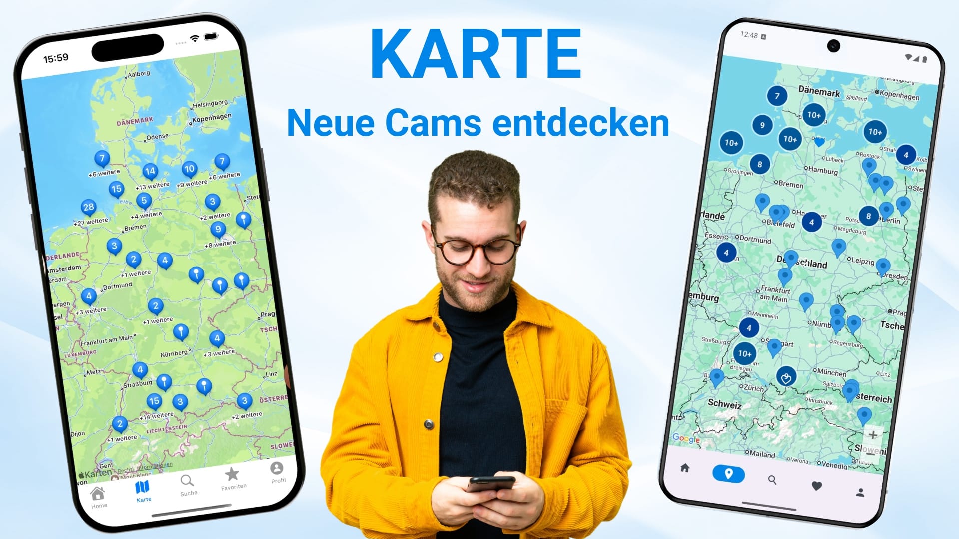 Screenshot der Kartenansicht in der livespotting App auf Android und iOS mit interaktiver Karte und Markierungen für Livestream-Webcams in Deutschland und Europa.