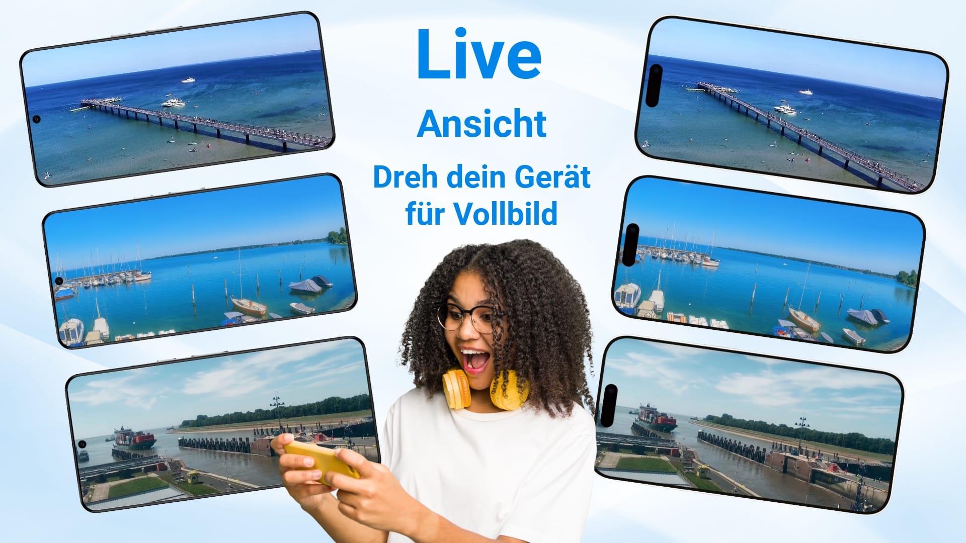 Screenshot-Montage der livespotting App mit Live-Ansicht im Vollbildmodus. Mehrere Smartphones im Querformat zeigen Livestreams von Stränden, Häfen und Seen. Nutzerin dreht ihr Handy, um die Webcam in voller Breite auf Android und iOS zu genießen.