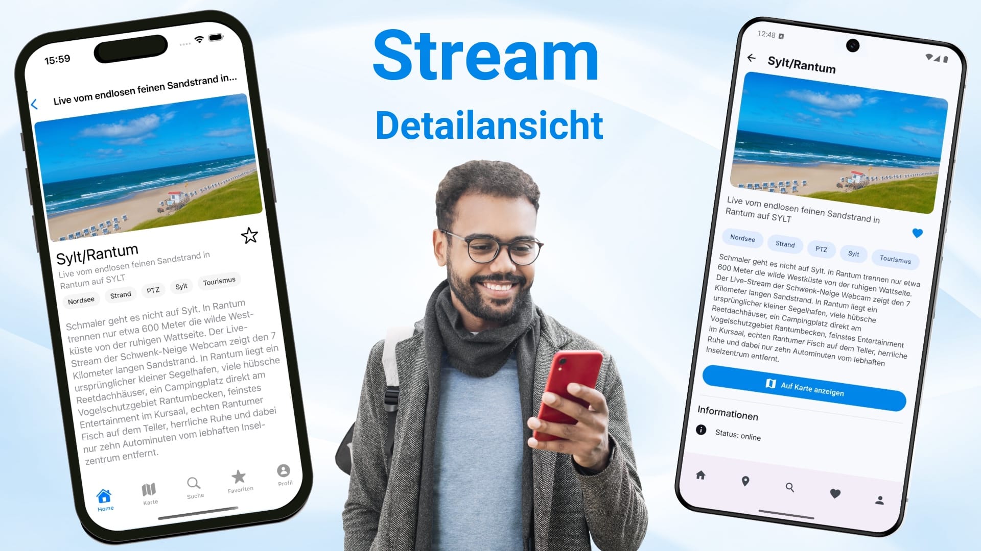 Screenshot der Stream-Detailansicht in der livespotting App auf Android und iOS mit Livebild vom Strand in Sylt/Rantum, Standortinformationen, Tags und Betreiberangaben.