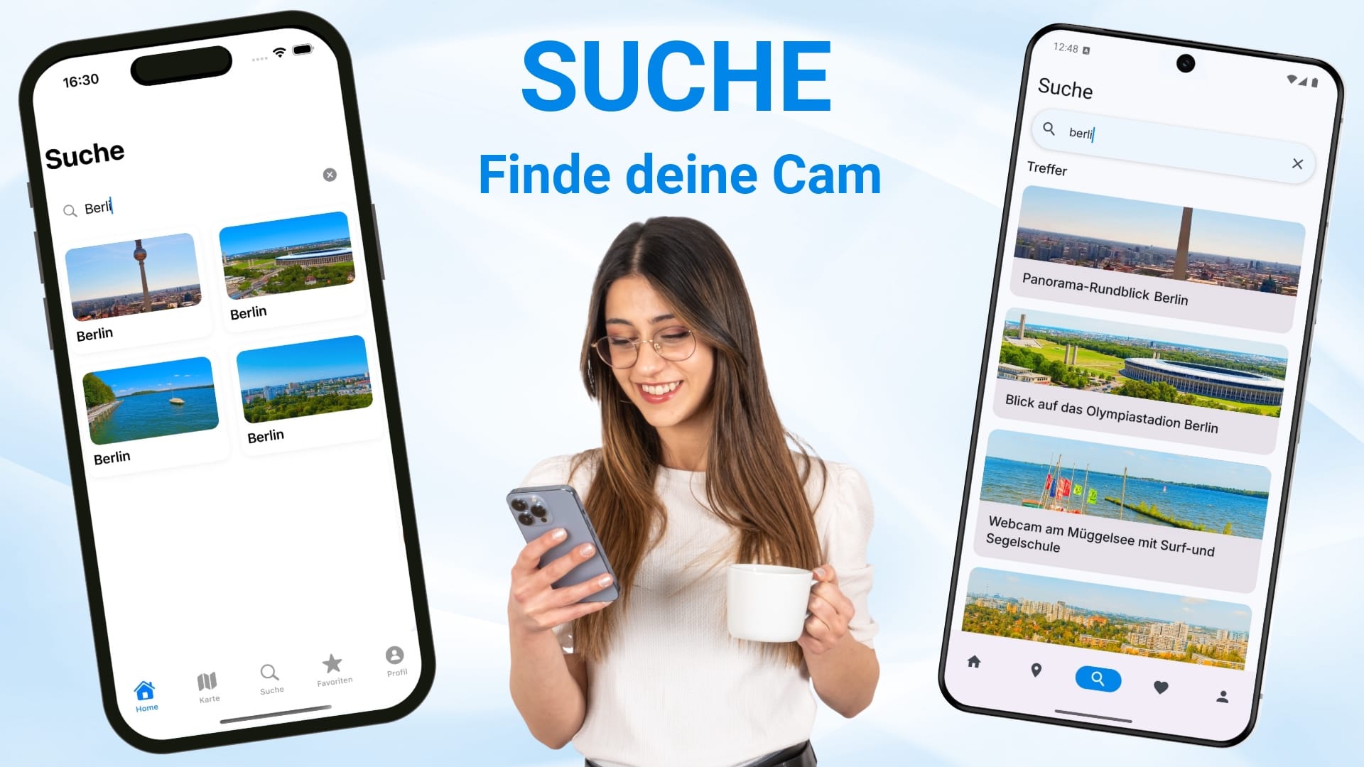 Screenshot der Suchfunktion in der livespotting App mit Smartphone-Ansicht: Nutzerin sucht nach Berlin-Webcams und findet sofort verschiedene Livestreams wie den Fernsehturm, das Olympiastadion und den Müggelsee.