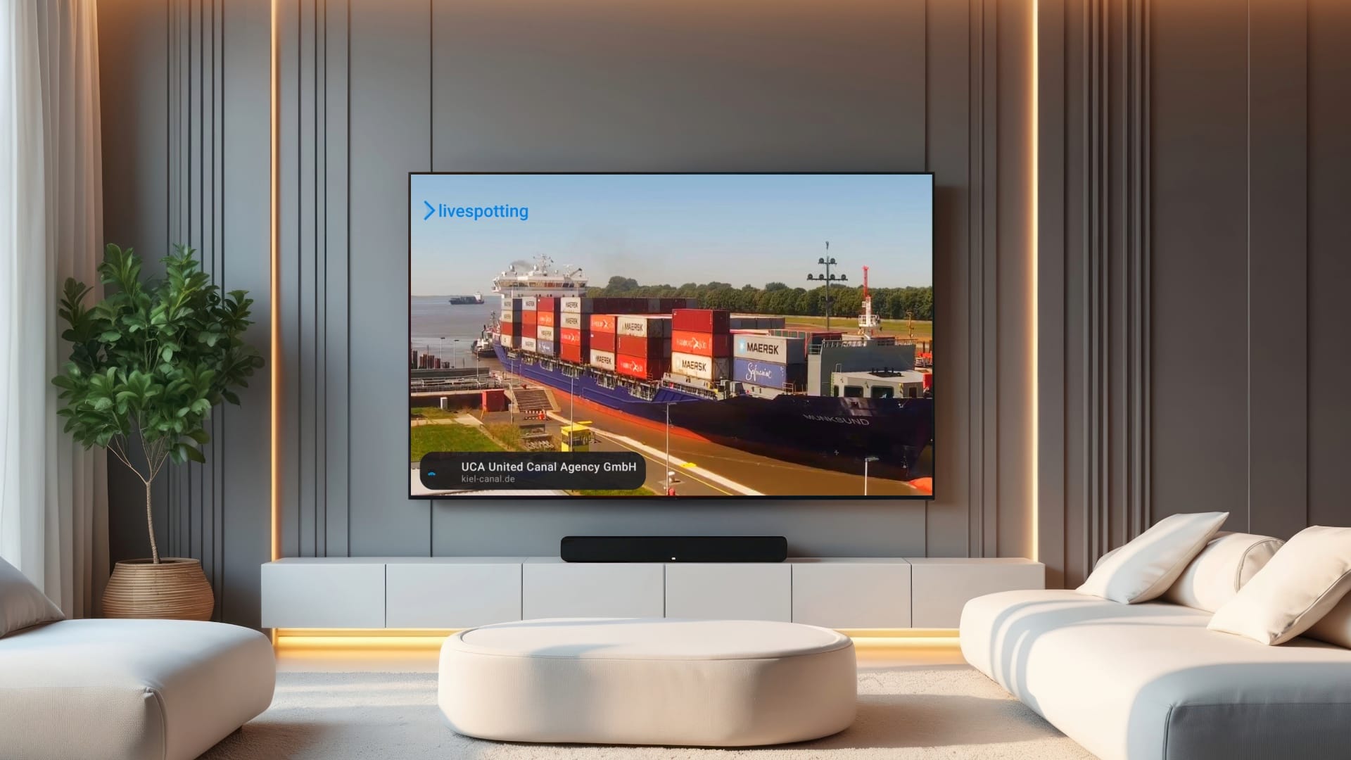 TV-Gerät mit einer laufenden Live Webcam vom Nord-Ostsee-Kanal in der livespotting Fire TV App, inklusive eingeblendeter Standortinformation und Logo.