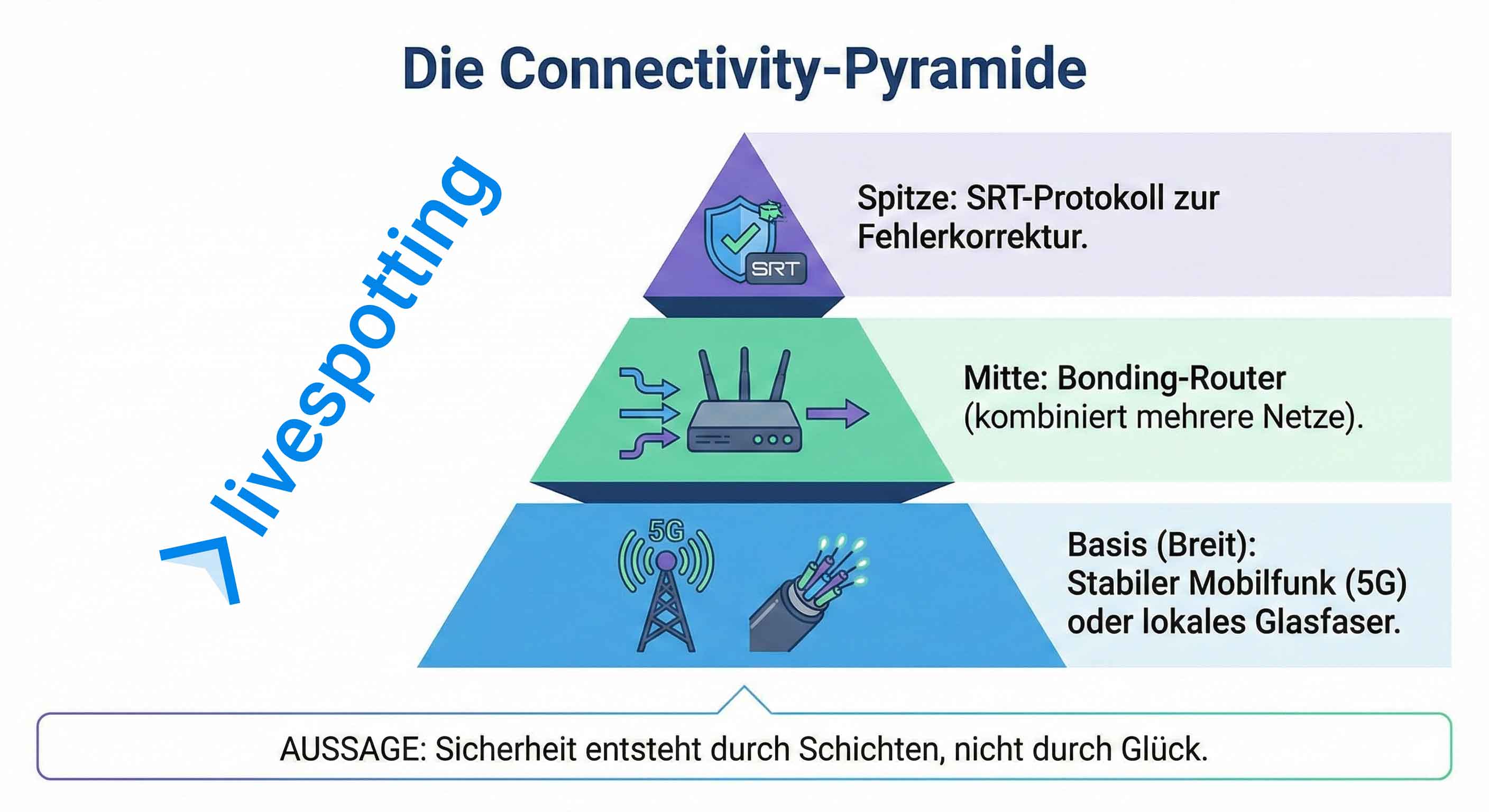 Infografik Connectivity-Pyramide: Zeigt Sicherheits-Schichten für Livestreams – Basis 5G/Glasfaser, Mitte Bonding-Router, Spitze SRT-Protokoll.