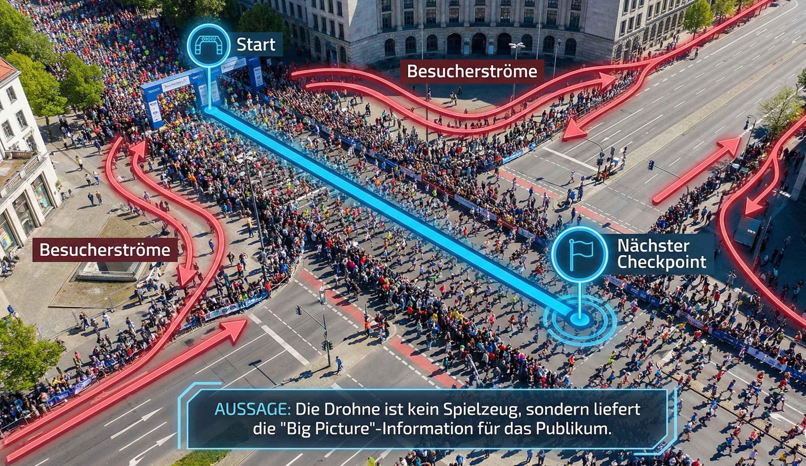 Luftaufnahme Marathon mit Grafiken für Start, Besucherströme & Checkpoint. Visualisiert die Drohne als Lieferant von "Big Picture"-Kontext für das Publikum.
