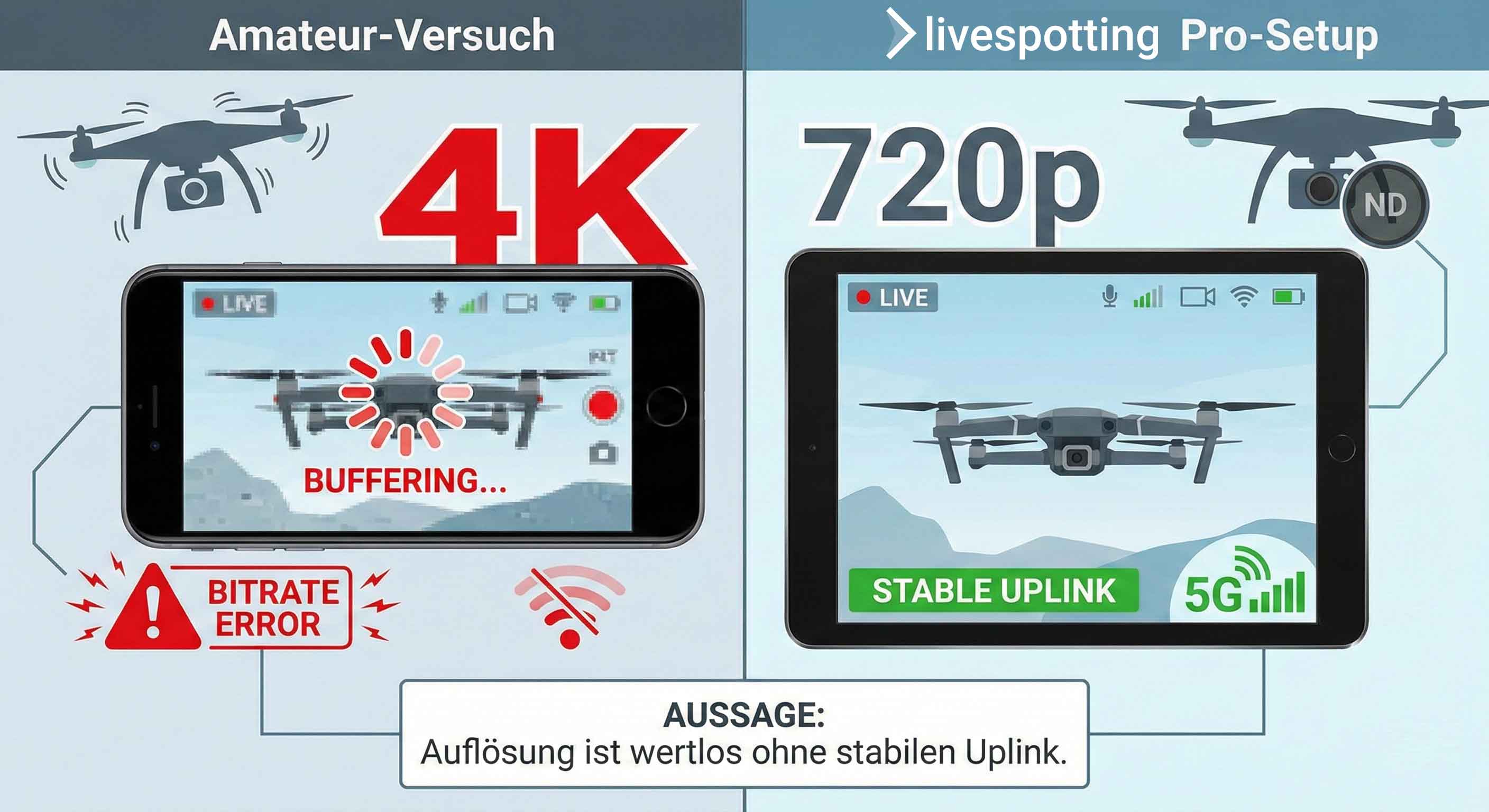 Infografik Vergleich: Instabiler 4K Amateur-Stream (Buffering) gegen stabilen 720p Pro-Stream (5G). Zeigt: Stabilität vor Auflösung.