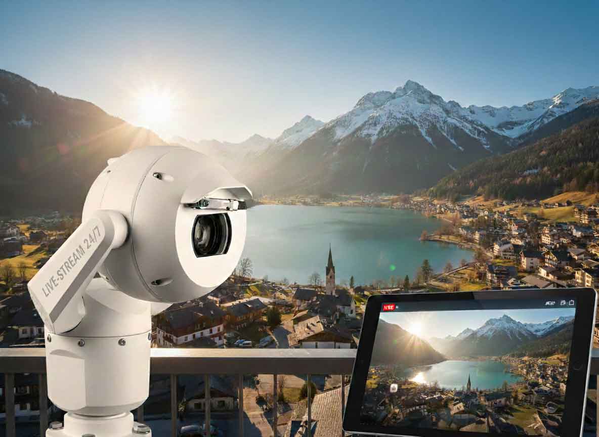 Eine weiße Live-Stream Webcam auf einem Balkon und ein Tablet, das die malerische See- und Bergansicht im Live-Feed zeigt. Das Bild veranschaulicht, wie Hotels und Resorts durch echte Einblicke Buchungen erhöhen können.