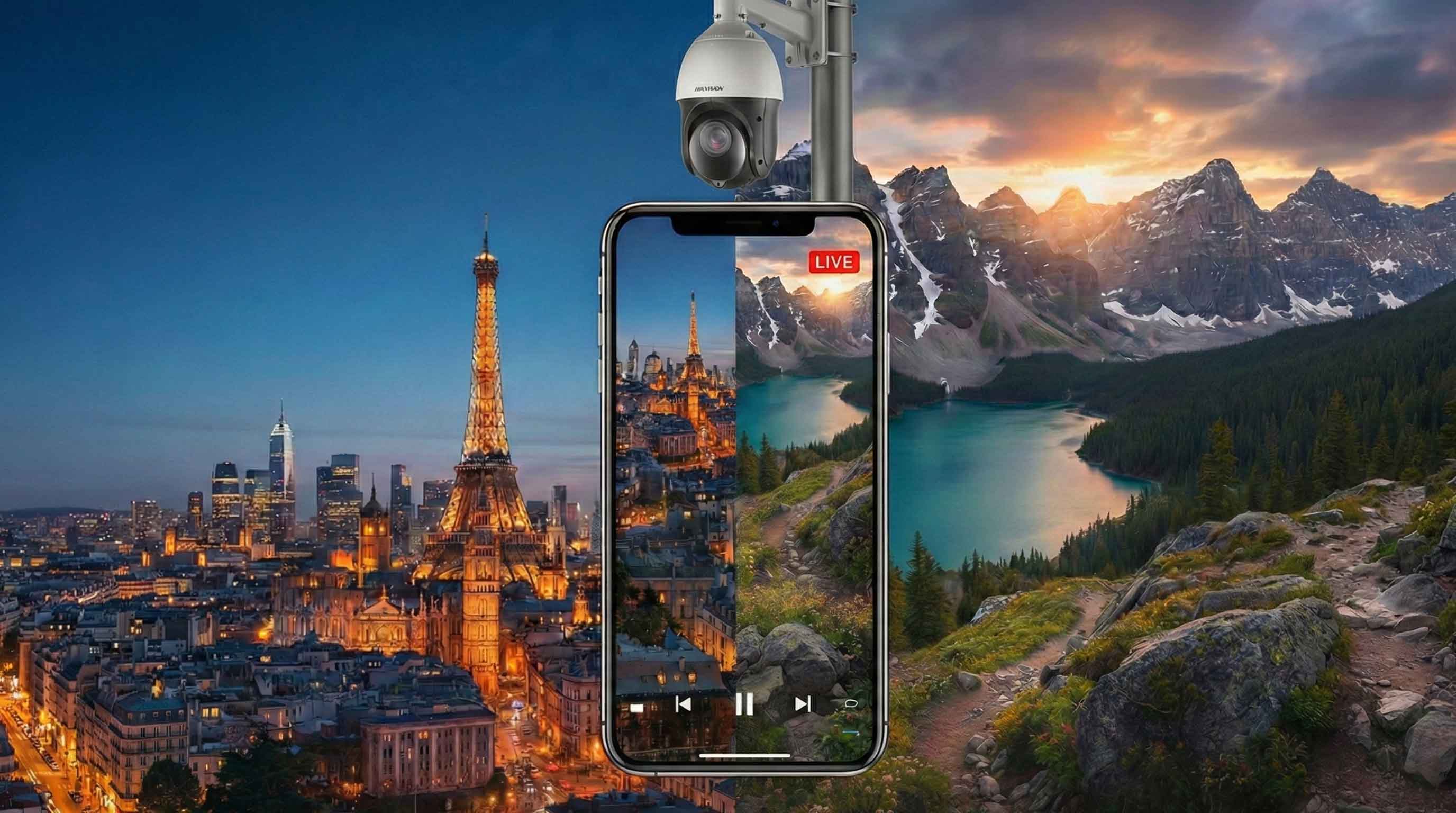 Eine Montage, die die Vielfalt von Tourismus-Webcams zeigt: Im Hintergrund und auf einem Smartphone-Display sind gleichzeitig der nächtliche Eiffelturm in Paris und ein sonniger Bergsee zu sehen. Darüber ist eine PTZ-Kamera montiert. Das Bild visualisiert, wie Live-Streams auf mobilen Geräten Lust auf Reisen zu städtischen und naturnahen Ausflugszielen wecken.