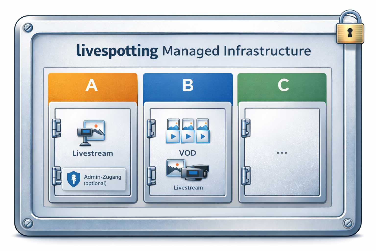 Grafik eines Tresors: livespotting Managed Infrastructure mit getrennten Fächern für Kunden-Livestreams und VOD.