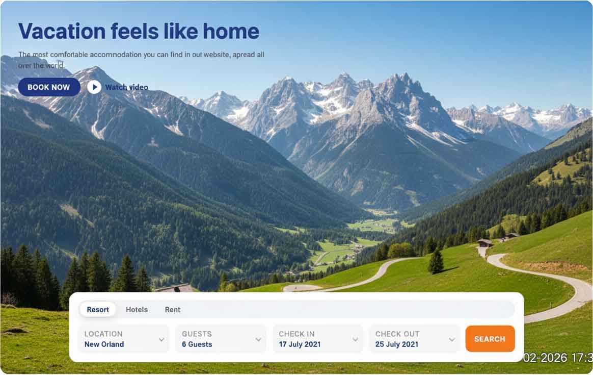 Screenshot: Website-Hero mit Bergpanorama, Buttons „Book Now“/„Watch Video“ und Buchungsleiste (Check-in/Check-out) im unteren Bereich.