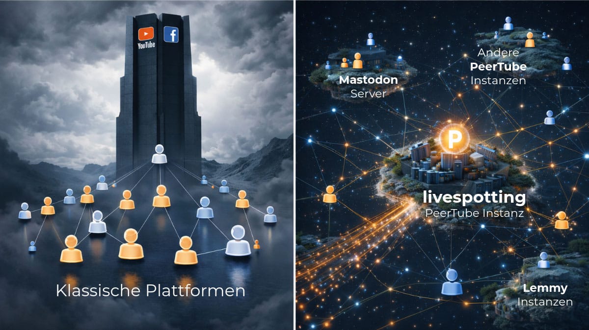 Schema vergleicht einen zentralen Plattform-Turm mit dem vernetzten, dezentralen Fediverse rund um livespotting.
