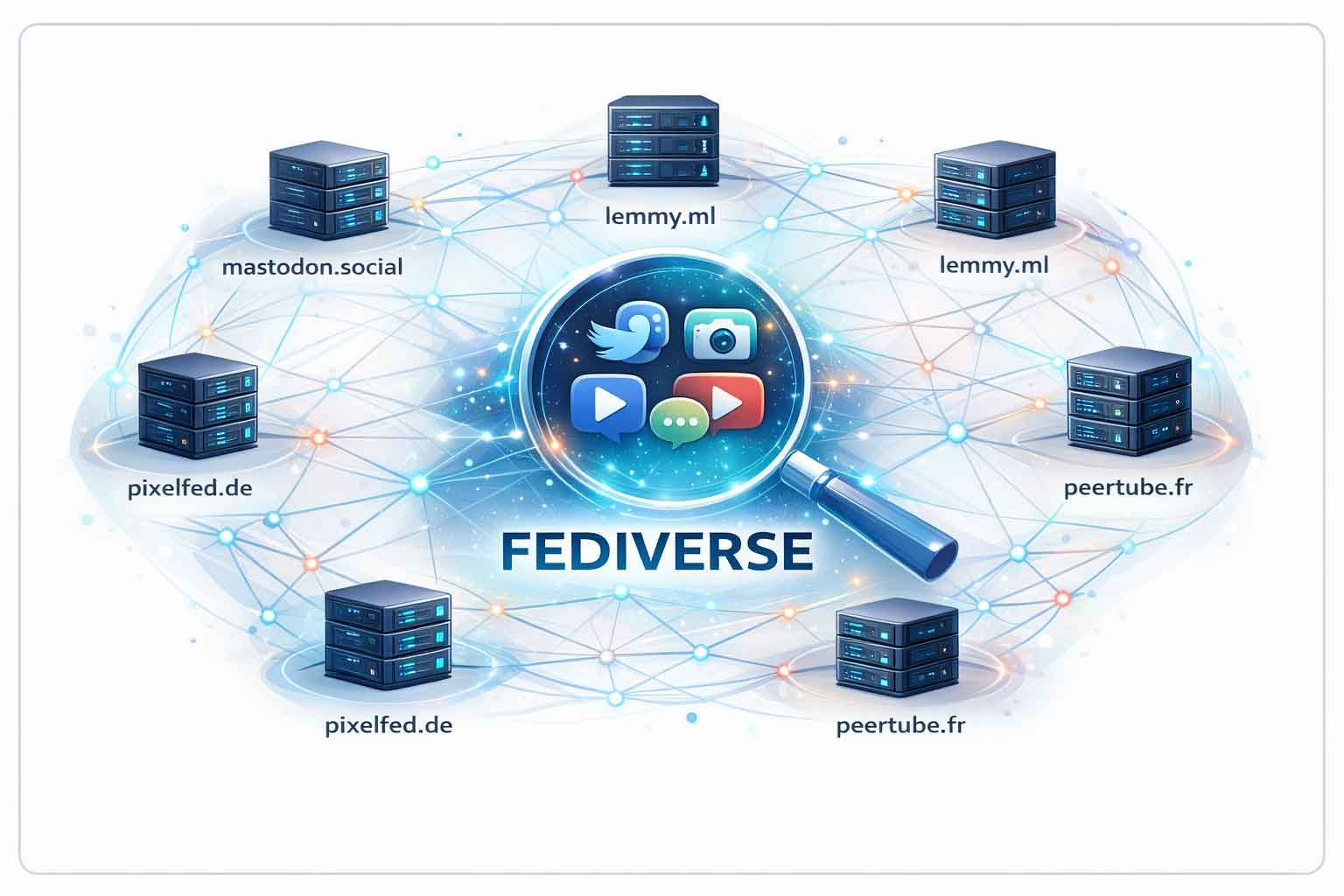 Infografik des Fediverse-Netzwerks mit vernetzten Server-Instanzen wie Mastodon, Pixelfed und PeerTube, dargestellt als dezentrales System mit einer Lupe.