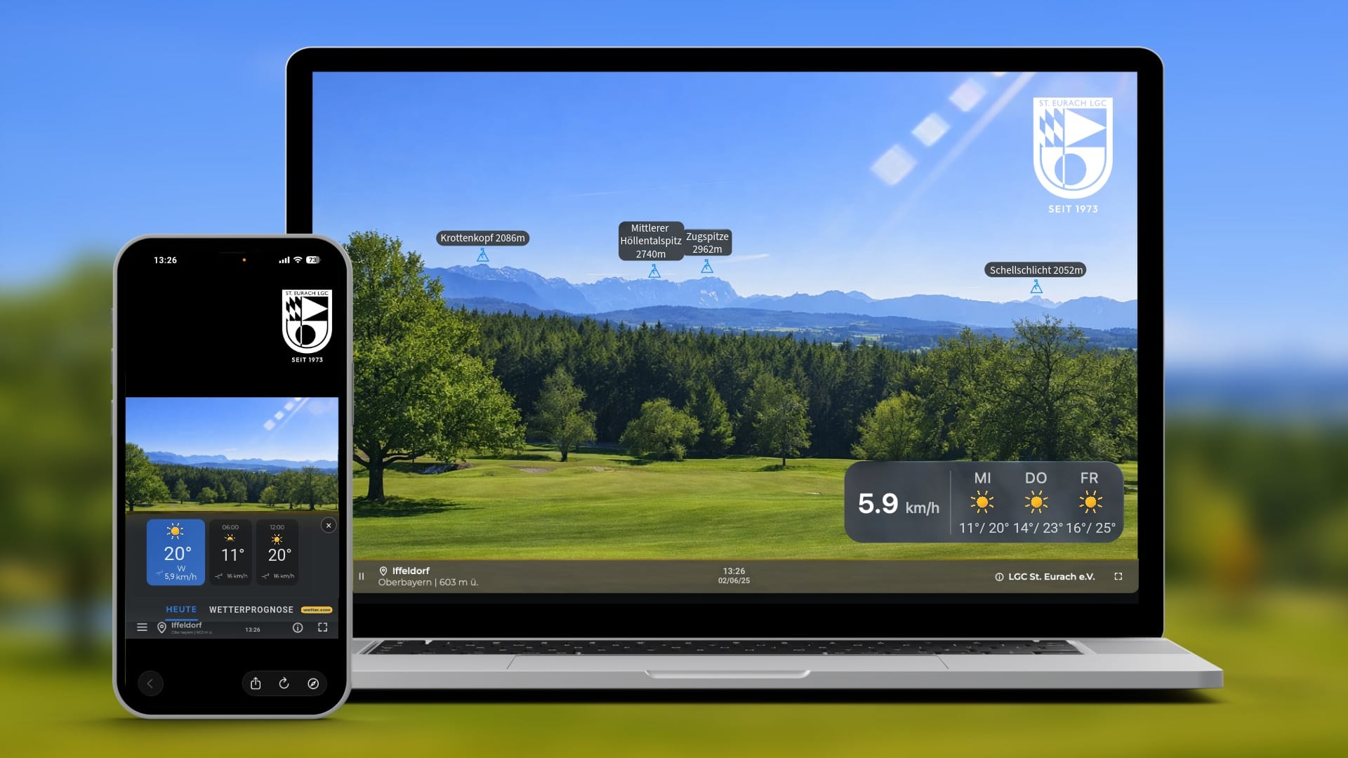 livespotting Player mit 4K-Webcam und Wetterdaten auf Laptop und Smartphone.