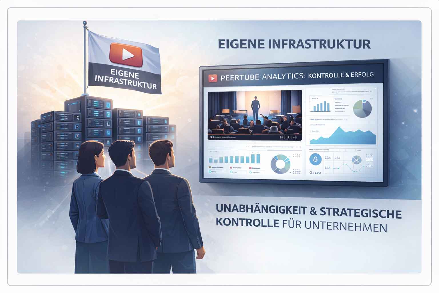Geschäftsszene mit drei Professionals vor einem Monitor, der PeerTube-Analytics zeigt. Im Hintergrund eigene Server-Racks mit einer Flagge „Eigene Infrastruktur“. Illustriert Unabhängigkeit und Erfolgskontrolle für Unternehmen.