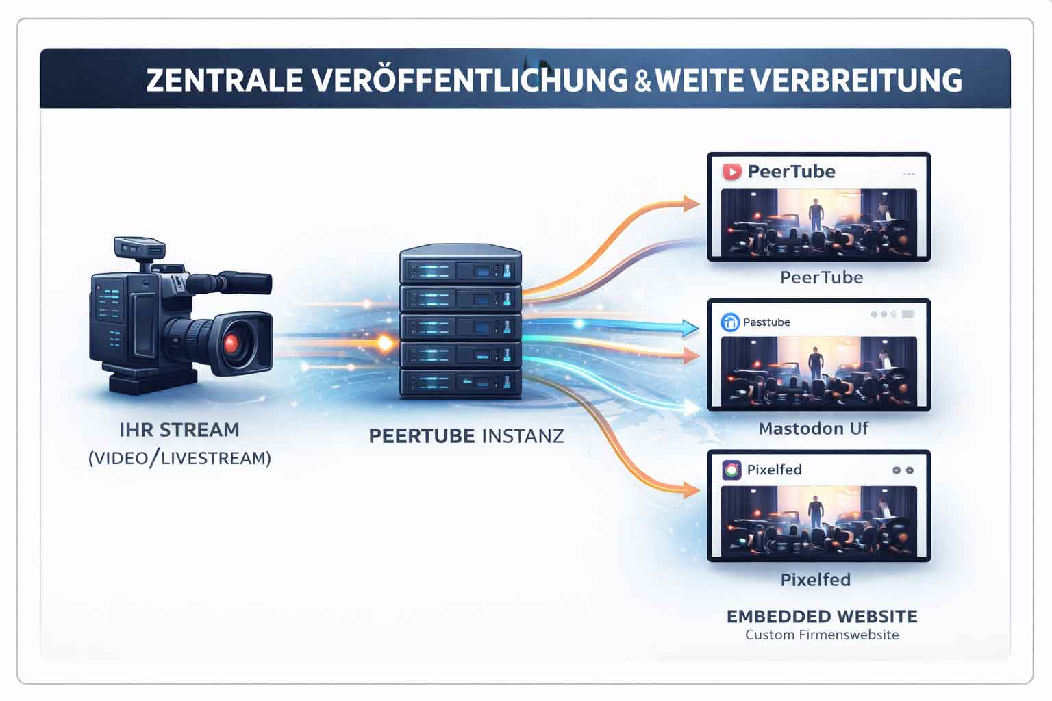 Infografik eines Video-Workflows: Eine Kamera streamt an eine PeerTube-Instanz, die das Video gleichzeitig an PeerTube, Mastodon, Pixelfed und eine eingebettete Firmenwebsite verteilt.