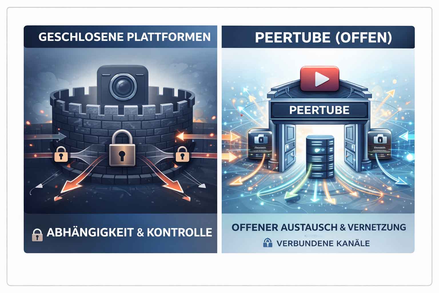Zweigeteilte Infografik: Links eine Festung mit Schloss-Symbol für geschlossene Plattformen, rechts ein offenes PeerTube-Gebäude mit freien Datenströmen zu Mastodon und Pixelfed.