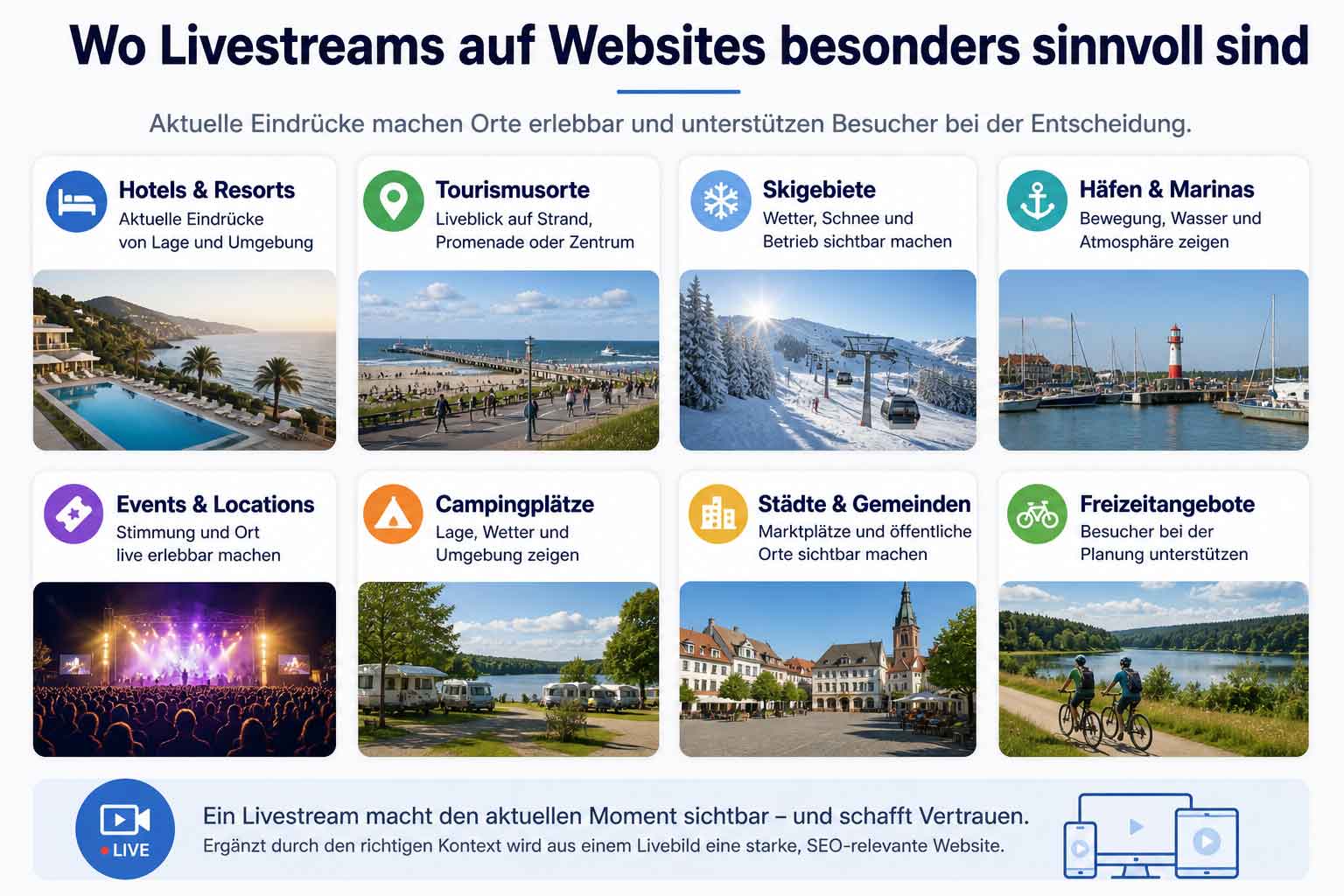 Infografik mit Einsatzbereichen für Livestreams auf Websites wie Hotels, Tourismusorte, Skigebiete, Häfen, Events und Städte