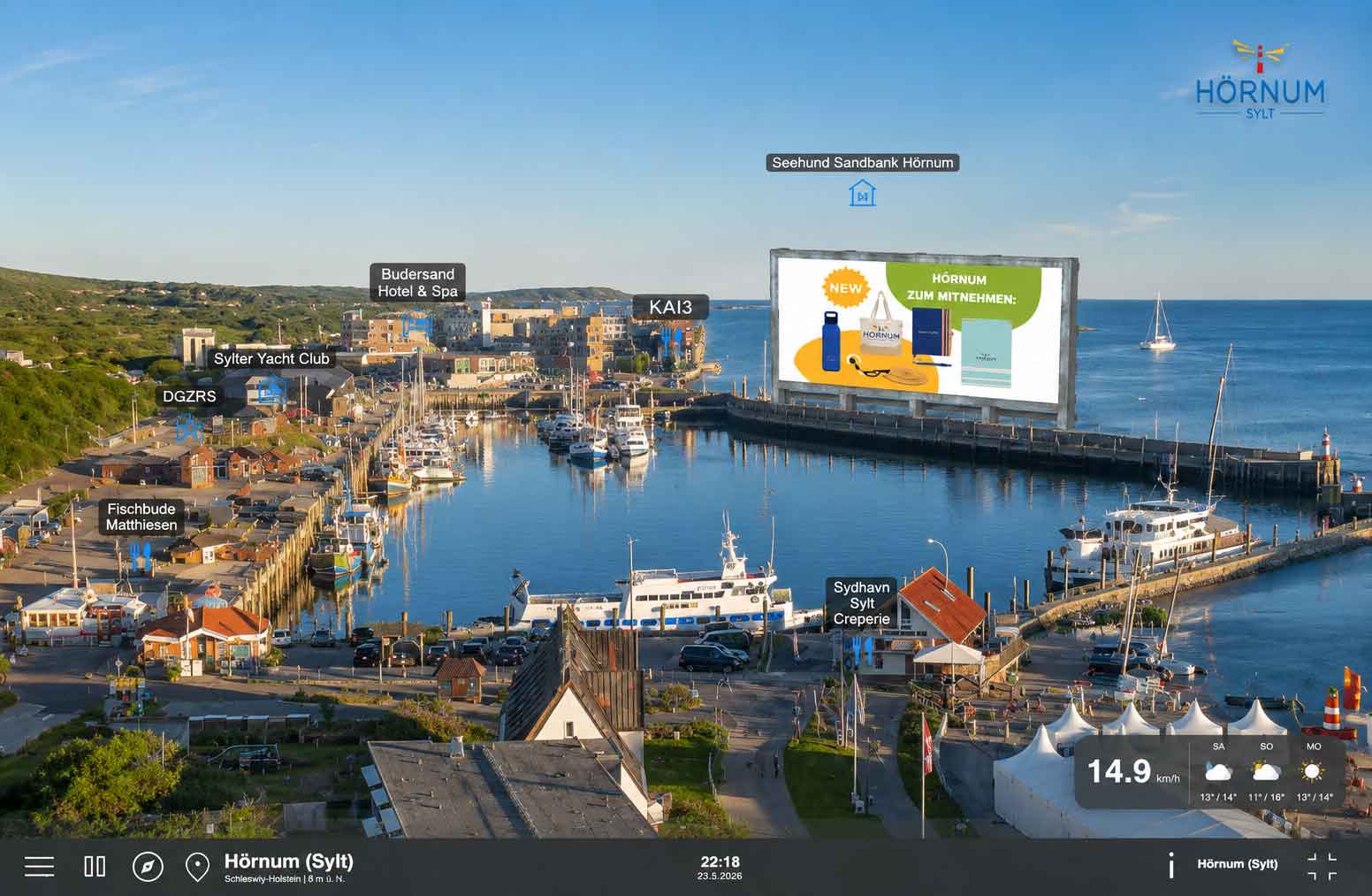 POI-Player mit Standort-Markern für Webcam-Integration am Hafen von Hörnum