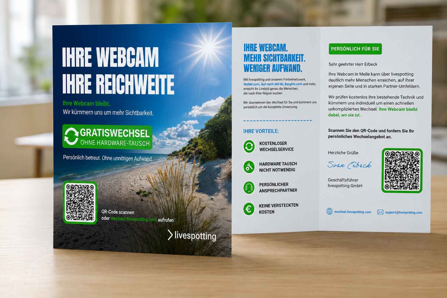Print-Flyer der livespotting Wechselkampagne 2026 mit Vorder- und Rückseite