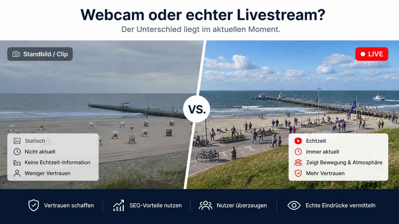 Vergleich zwischen statischem Webcam-Bild und echtem Livestream mit aktuellem Livebild