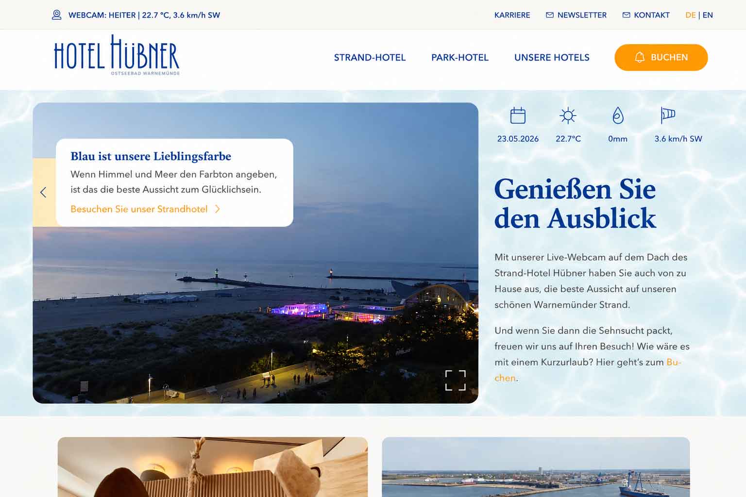 Webcam-Player eingebettet auf einer Hotel-Website in Warnemünde