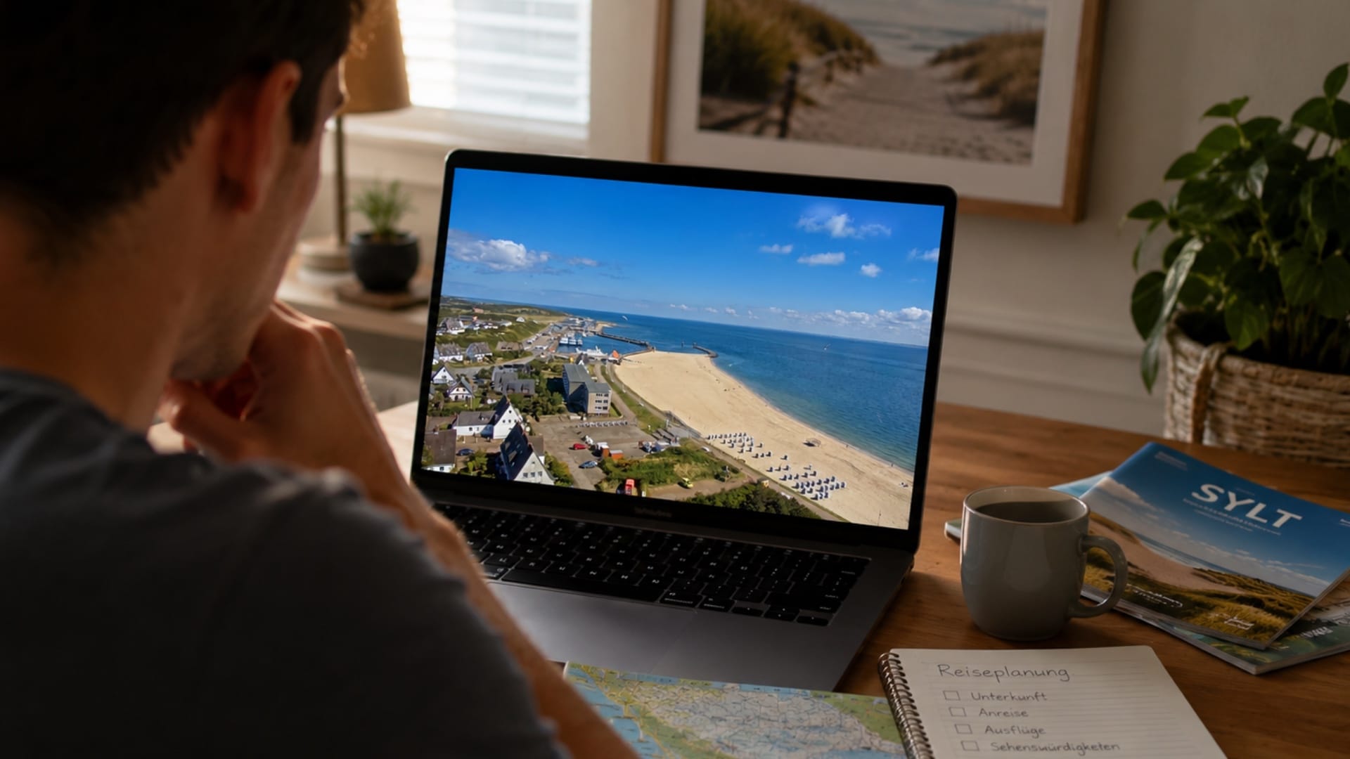 Person betrachtet einen Sylt-Livestream auf einem Laptop und nutzt die Live-Webcam als digitales Fenster.