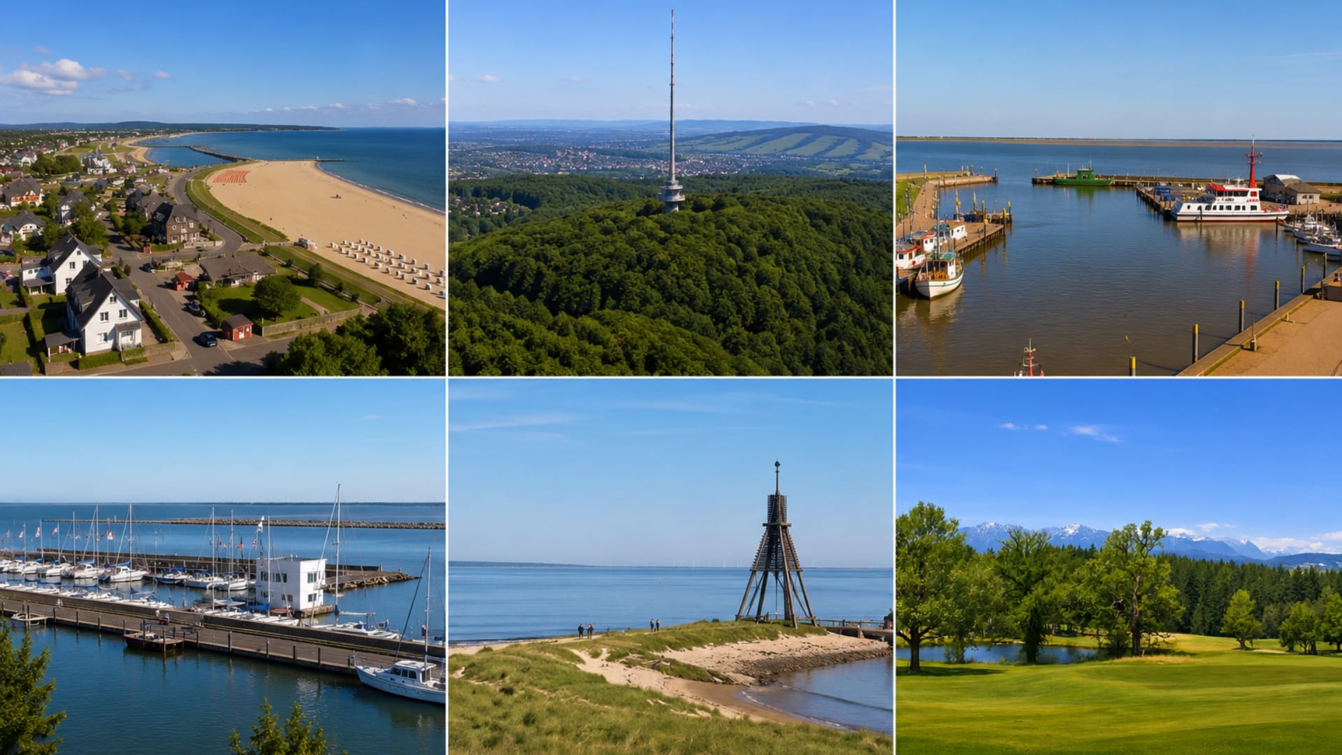 Collage mit Live-Webcam-Bildern von Sylt, Stuttgart, Norddeich, Warnemünde, Cuxhaven und St. Eurach.