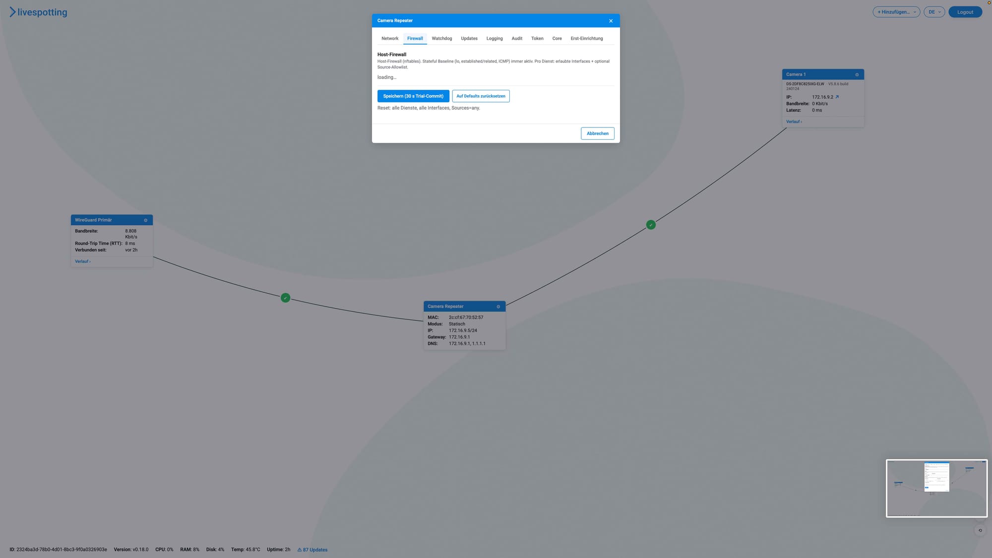 Firewall-Ansicht des livespotting Repeaters mit Host-Firewall und Trial-Commit