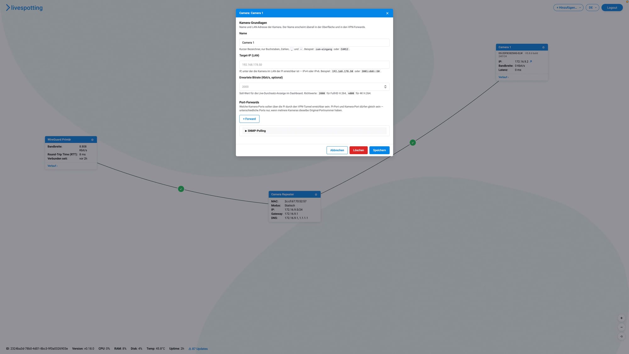 Kamera-Einstellungen im livespotting Repeater mit Ziel-IP und Port-Forwarding