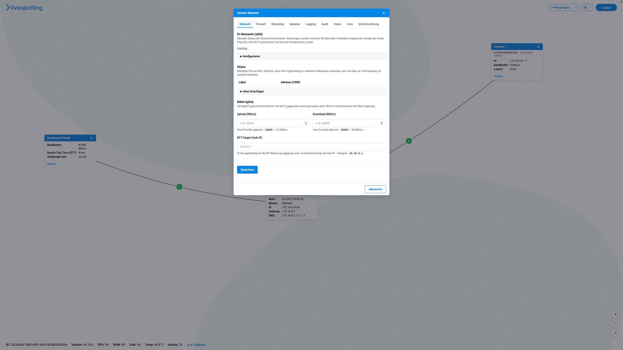 Netzwerk-Einstellungen des livespotting Repeaters mit eth0 WAN-Uplink und RTT-Ziel