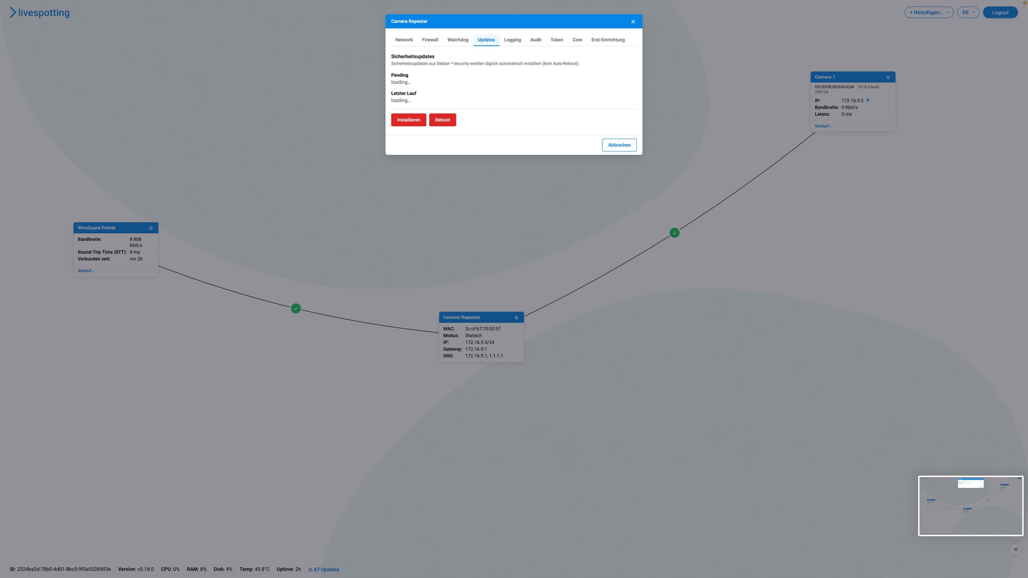 Updates-Ansicht des livespotting Repeaters mit Sicherheitsupdates und Reboot