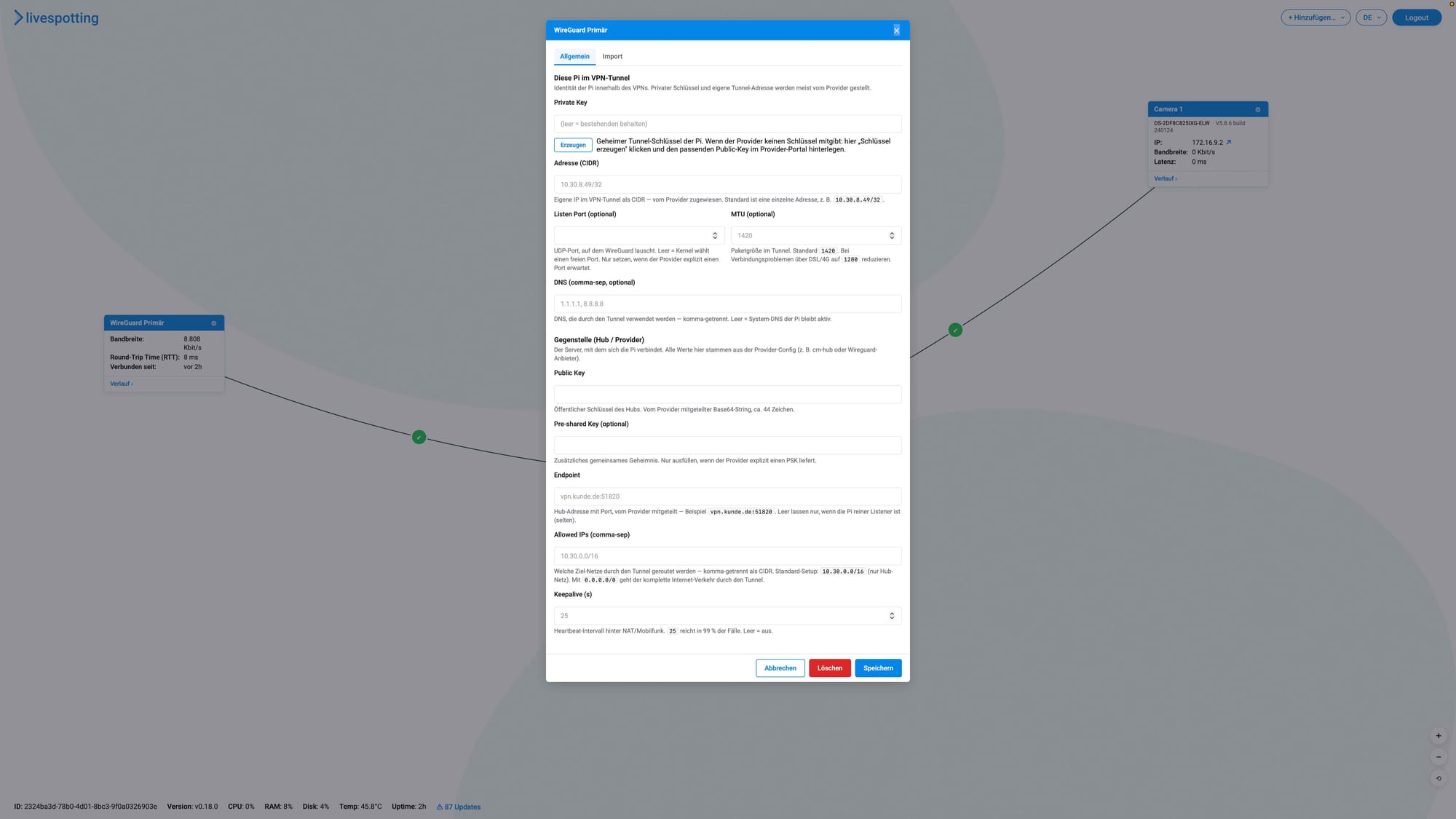 WireGuard-Konfiguration im livespotting Repeater für den VPN-Tunnel